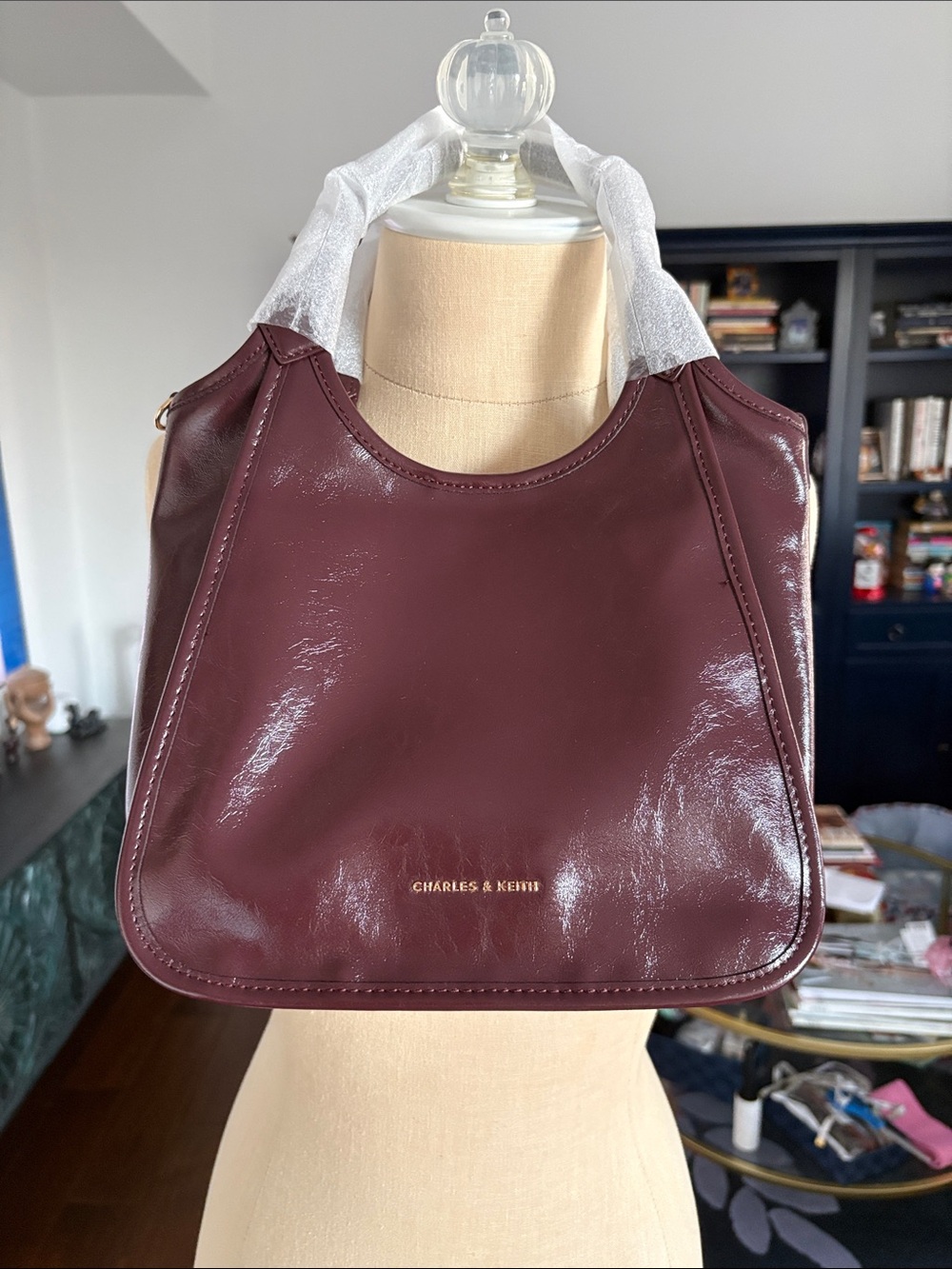 Charles & Keith Glossy Maroon Burgundy Hobo Bag